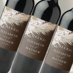 Étiquette Pour Bouteilles De Vin Mariage rustique marron Pampas & Floral
