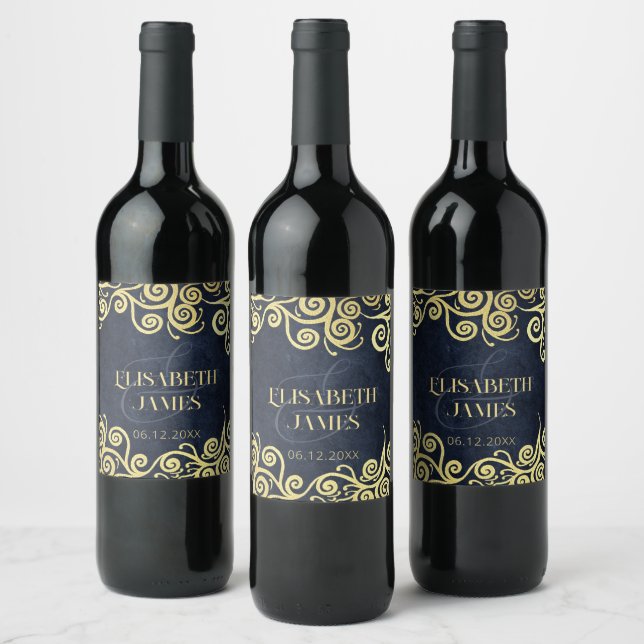 Étiquette Pour Bouteilles De Vin Mariage Sophistiqué  Blue Gold Swirls (Bouteilles)