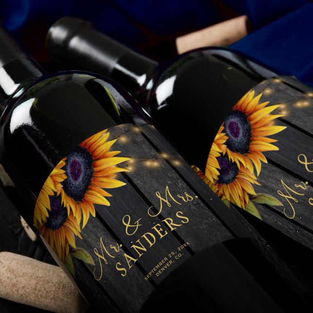 Étiquette Pour Bouteilles De Vin Mariage tournesols rustiques m. et mme party (Créateur téléchargé)