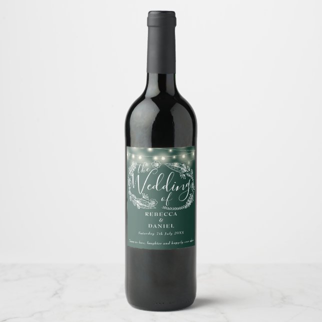 Étiquette Pour Bouteilles De Vin Mariage vert émeraude floral (Devant)