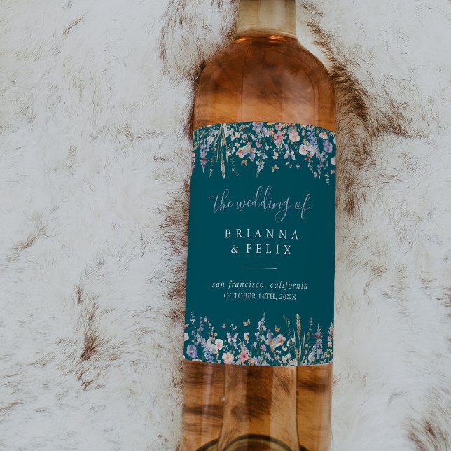 Étiquette Pour Bouteilles De Vin Mariage vert Fleur sauvage multicouleur été (Créateur téléchargé)