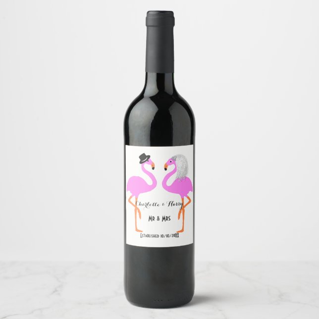 Étiquette Pour Bouteilles De Vin Mariée & marié flamant rose personnalisé (Devant)