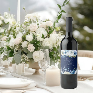 Étiquette Pour Bouteilles De Vin Marine Bleu Blanc Floral Élégant Mariage moderne
