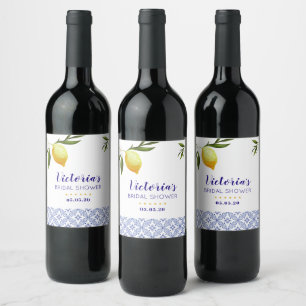 Étiquette Pour Bouteilles De Vin Marine Blue & Lemons nuptiale de douche
