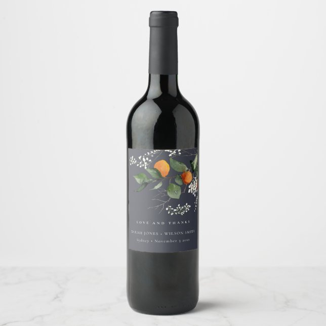 Étiquette Pour Bouteilles De Vin Marine Boho Orange Blossom Botanique Mariage (Devant)