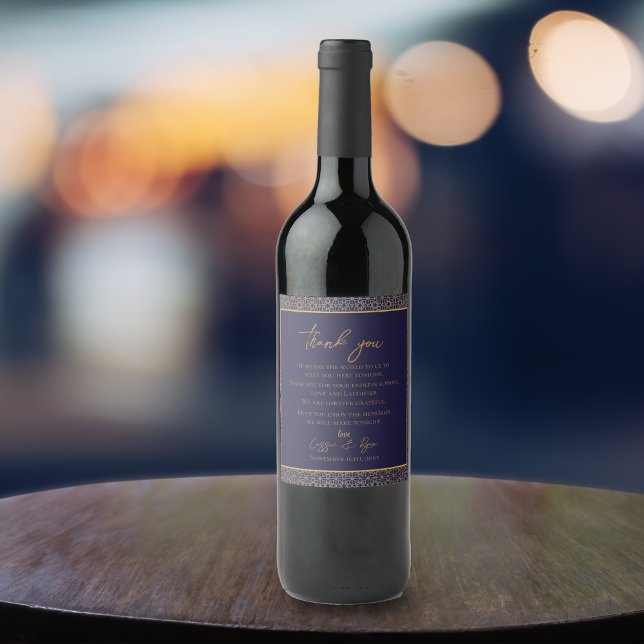 Étiquette Pour Bouteilles De Vin Marine Merci Or Intricate Design Mariage Faveur (Navy Gold Thank You Intricate Design Wedding Favor Wine Label)