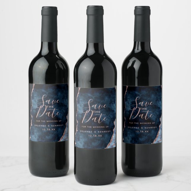 Étiquette Pour Bouteilles De Vin Marine Rose Gold Agate Marbre Enregistrer la date (Bouteilles)