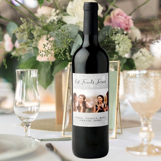 Étiquette Pour Bouteilles De Vin Meilleurs amis photo argent parties scintillant no (Créateur téléchargé)