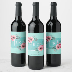 Étiquette Pour Bouteilles De Vin Menthe et rose Fleurs aquarelles Mariage Monogra