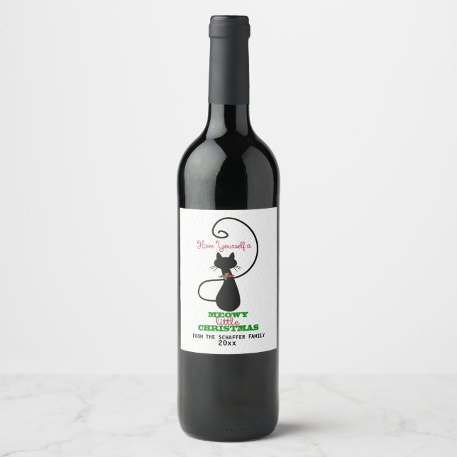 Étiquette Pour Bouteilles De Vin Meowny Christmas, mignon chat de vacances (Devant)