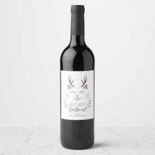 Étiquette Pour Bouteilles De Vin Meowy Christmas Chat avec Antlers Xmas