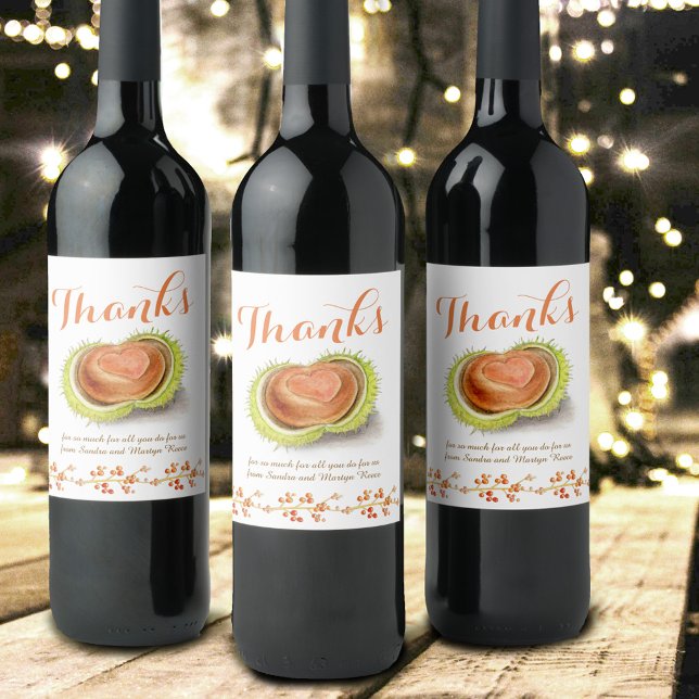 Étiquette Pour Bouteilles De Vin Merci automne chestnut coeur aquarelle personnalis (Créateur téléchargé)