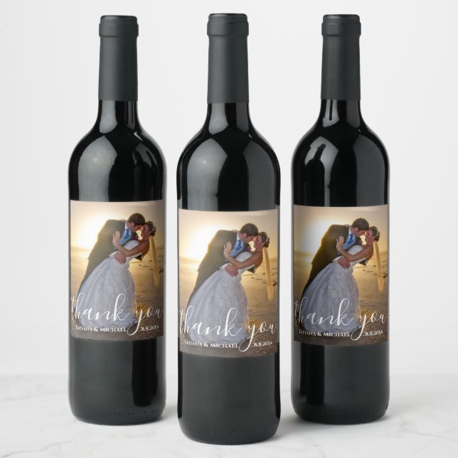 Étiquette Pour Bouteilles De Vin merci, chic calligraphie mariage photo (Bouteilles)