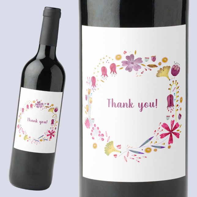 Étiquette Pour Bouteilles De Vin Merci d'aquarelle florale (Watercolor wreath thank you bottle label)