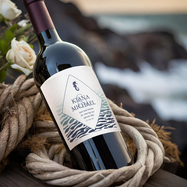 Étiquette Pour Bouteilles De Vin Merci Mariage Blue Wave Seahorse ID836 (Créateur téléchargé)