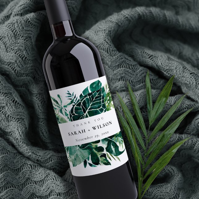 Étiquette Pour Bouteilles De Vin Merci Mariage de feuillage vert de Monstera Tropic (Créateur téléchargé)