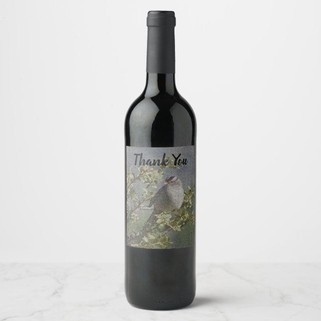 Étiquette Pour Bouteilles De Vin Merci Sparrow sur Branche Mosaic Appréciation (Devant)