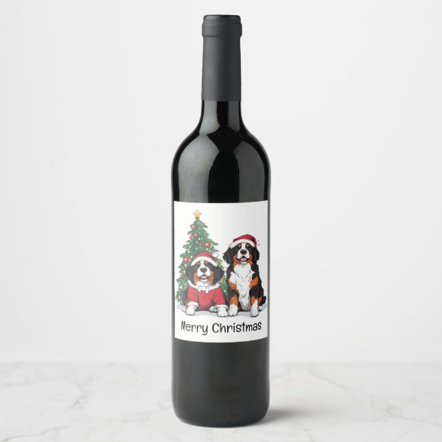 Étiquette Pour Bouteilles De Vin Merry Christmas Bernese Mountain Dogs (Devant)