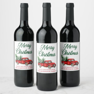 Étiquette Pour Bouteilles De Vin Merry Christmas Watercolor Camion rouge classique