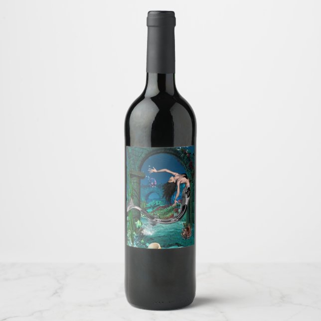 Étiquette Pour Bouteilles De Vin Merveilleuse sirène avec poisson imaginaire (Devant)