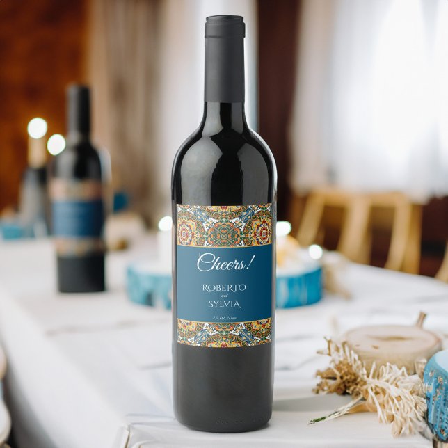 Étiquette Pour Bouteilles De Vin Mexicaine Talavera turquoise élégance de mariage (Mexican Talavera teal elegant wedding favors personalized  Wine Label cheers bottle labels)