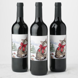 Étiquette Pour Bouteilles De Vin Mia le chat festif avec décoration de fêtes
