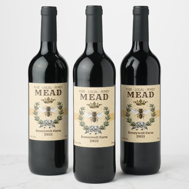 Étiquette Pour Bouteilles De Vin Miel Mead Bee et Couronne (Bouteilles)