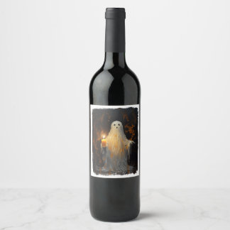 Étiquette Pour Bouteilles De Vin Mignonne Fantôme tenant la bougie Drôle Halloween 