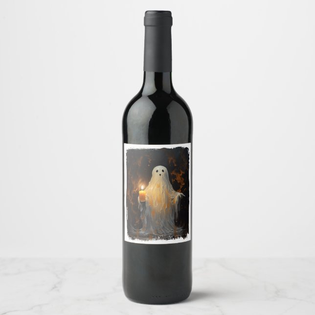 Étiquette Pour Bouteilles De Vin Mignonne Fantôme tenant la bougie Drôle Halloween  (Devant)