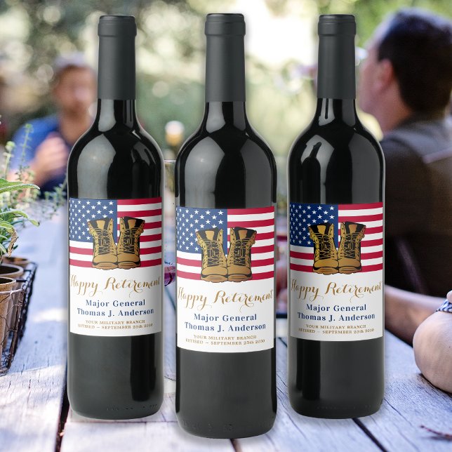 Étiquette Pour Bouteilles De Vin Militaire USA American Flag Boots Retirement Party (Créateur téléchargé)