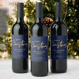 Étiquette Pour Bouteilles De Vin Minimal Élégant Moderne Or Bleu Joyeux Noël