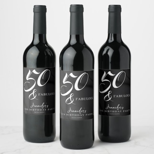 Étiquette Pour Bouteilles De Vin Modern Elegant Black White Fifty Fabulous Birthday (Bouteilles)