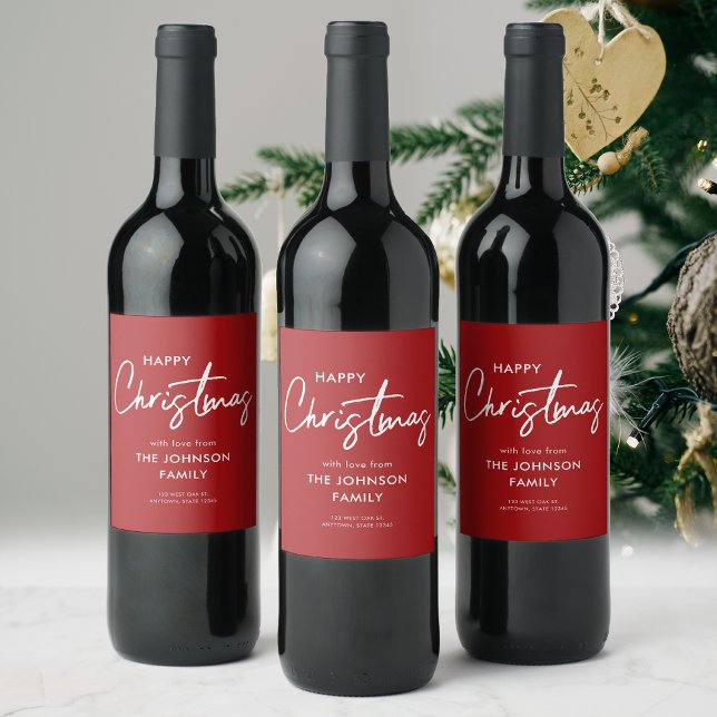 Étiquette Pour Bouteilles De Vin Moderne Elégant Rouge Blanc Joyeux Noël Famille (Créateur téléchargé)