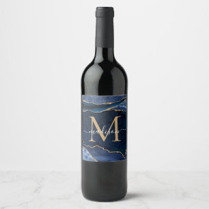 Étiquette Pour Bouteilles De Vin Moderne Marine Blue Gold Agate Géode Chic Monogram
