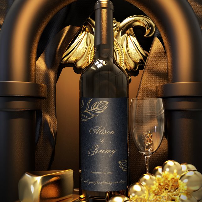 Étiquette Pour Bouteilles De Vin Moderne minimaliste Bleu profond & Or Fleur botani (Créateur téléchargé)