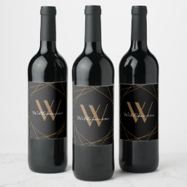 Étiquette Pour Bouteilles De Vin Moderne Monogramme Or Noir Nom Script Géométrique