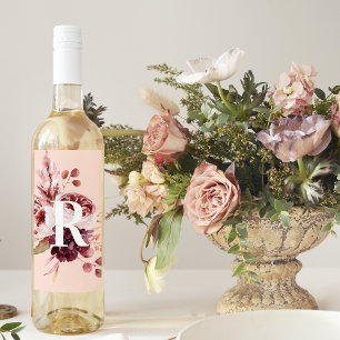 Étiquette Pour Bouteilles De Vin Moderne Pastel Rose & Flore Rouge Avec Initiale