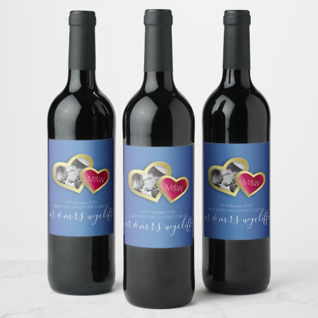Étiquette Pour Bouteilles De Vin Monogram Sapphire Blue Ruby Red Valentine Photo (Bouteilles)