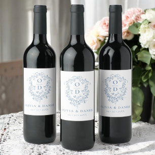 Étiquette Pour Bouteilles De Vin Monogramme bleu foncé Mariage Floral Crest