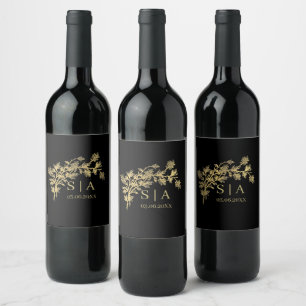 Étiquette Pour Bouteilles De Vin Monogramme botanique moderne de luxe en feuille d'