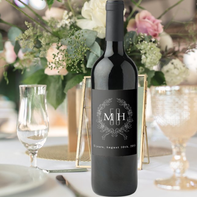 Étiquette Pour Bouteilles De Vin Monogramme d'argent noir 25e anniversaire mariage (Créateur téléchargé)