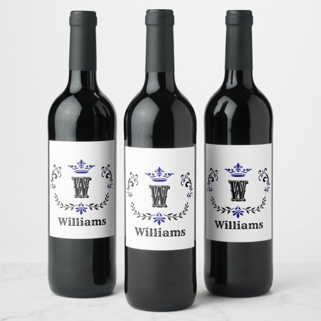 Étiquette Pour Bouteilles De Vin Monogramme de couronne 'W' Personnalisé (Bouteilles)