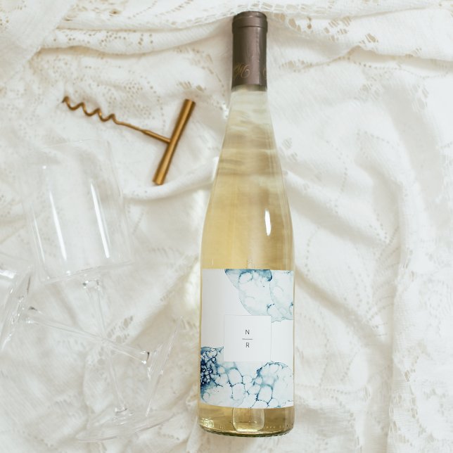 Étiquette Pour Bouteilles De Vin Monogramme de mariage bleu de destination nautique (Créateur téléchargé)
