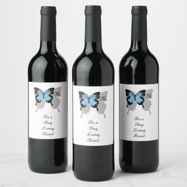 Étiquette Pour Bouteilles De Vin Monogramme d'ombre à papillon bleu (Bouteilles)