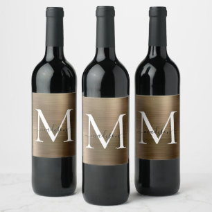 Étiquette Pour Bouteilles De Vin Monogramme d'or classique en acier métallique à