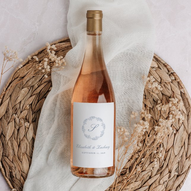 Étiquette Pour Bouteilles De Vin Monogramme Dusty Blue Foliage Wreath (Créateur téléchargé)