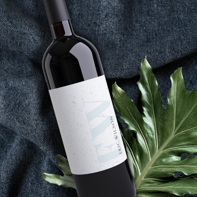 Étiquette Pour Bouteilles De Vin Monogramme élégant en pierre de terrazzo bleu doux (Créateur téléchargé)