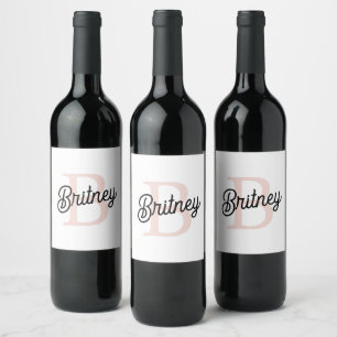 Étiquette Pour Bouteilles De Vin Monogramme et nom personnalisé moderne Pastel Pink