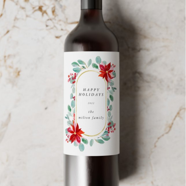 Étiquette Pour Bouteilles De Vin Monogramme floral rouge Poinsettia (Créateur téléchargé)