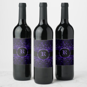 Étiquette Pour Bouteilles De Vin Monogramme gothique orné noir et pourpre